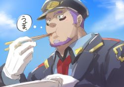 Rule 34 | 1boy, bara, blush, character request, eating, facial hair, facial mark, from below, gloves, goatee, green eyes, hat, katoributa a, live a hero, long sideburns, male focus, mature male, police, police hat, police uniform, purple hair, short hair, sideburns, sky, solo, thick eyebrows, translation request, uniform, upper body