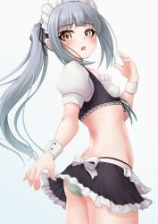 Rule 34 | 1girl, absurdres, alternate costume, black skirt, brown eyes, commentary request, crop top, enmaided, frilled shirt, frilled skirt, frills, green panties, grey hair, highres, kantai collection, kasumi (kancolle), long hair, maid, maid headdress, makura (y makura), midriff, panties, side ponytail, simple background, skirt, solo, underwear, white background, wrist cuffs