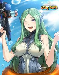 Rule 34 | 1girl, arms up, artist name, blue sky, bodysuit, breasts, commentary, day, green hair, gun, headgear, holding, holding water gun, humanization, innertube, large breasts, logo, long hair, looking at viewer, one eye closed, open mouth, outdoors, saryn (warframe), sky, smile, solo, swim ring, toy gun, warframe, water, water gun, weapon, wet, zxpfer