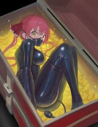 Rule 34 | 1girl, blush, bodysuit, bound, breasts, gag, gagged, gloves, heterochromia, hololive, houshou marine, large breasts, latex, latex bodysuit, long hair, looking at viewer, medium breasts, monoglove, raftetram, red eyes, red hair, restrained, ribbon, solo, thigh strap, treasure chest, twintails, virtual youtuber, yellow eyes