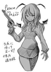 Rule 34 | 1girl, absurdres, alternate costume, ascot, bat wings, blouse, breasts, commentary request, cropped legs, detached wings, english text, eyelashes, fujiyama vc, greyscale, gun, hair between eyes, handgun, heart, highres, holding, holding weapon, koakuma, long hair, long sleeves, looking at viewer, medium breasts, mini wings, monochrome, outline, partial commentary, revolver, shirt, sidelocks, simple background, sketch, skirt, smile, solo, touhou, translation request, trigger discipline, uneven eyes, weapon, white background, wings