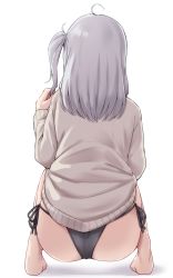 Rule 34 | 1girl, absurdres, ass, barefoot, black panties, bottomless, commentary request, from behind, full body, grey hair, grey sweater, highres, kantai collection, kiritto, long hair, no pants, one side up, panties, side-tie panties, simple background, solo, squatting, suzutsuki (kancolle), sweater, underwear, white background