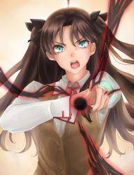 Rule 34 | 1girl, aqua eyes, black bow, bow, brown hair, brown vest, collared shirt, cowboy shot, fate/stay night, fate (series), gandr, hair bow, highres, holding own wrist, homurahara academy school uniform, long hair, looking at viewer, magic, magic circuit, neck ribbon, open mouth, pointing, pointing at viewer, ribbon, school uniform, shirt, shouting, sleeve rolled up, solo, sukasukasukafan, teeth, tohsaka rin, tongue, two side up, vest, white shirt