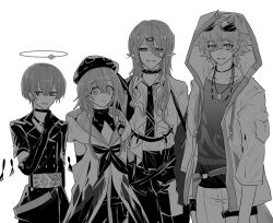 Rule 34 | 4boys, animal ears, arene (arknights), arknights, arms behind back, beret, buttons, choker, dog ears, double-breasted, elbow gloves, eyebrows hidden by hair, eyewear on head, gloves, greyscale, hair between eyes, hair ornament, hairclip, halo, hand up, hat, hood, hood up, hooded jacket, iwashi 80, jacket, long hair, male focus, mizuki (arknights), monochrome, multiple boys, necktie, pants, parted lips, pointy ears, shalem (arknights), shirt, simple background, smile, sunglasses, tequila (arknights), thick eyebrows, white background