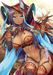 Rule 34 | 1girl, 47agdragon, animal ears, black gloves, blue eyes, breasts, bridal gauntlets, cat ears, circlet, cleavage, dark skin, dark-skinned female, elbow gloves, fang, fate/grand order, fate (series), gloves, highres, horns, large breasts, leaning forward, long hair, looking at viewer, navel, parted lips, purple hair, queen of sheba (fate), smile, solo, thighs