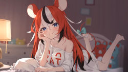 Rule 34 | animal ears, blouse, blue eyes, blush, feet, hakos baelz, highres, hololive, hololive english, light blush, long hair, looking at viewer, mouse ears, mouse tail, multicolored hair, official alternate costume, red hair, ribbon, shirt, smile, solo, tail, taitan, tongue, tongue out, virtual youtuber, white shirt