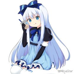 Rule 34 | 1girl, :q, artist name, black capelet, black gloves, blue bow, blue dress, blue eyes, blue hair, bow, bubble tea, capelet, closed mouth, commentary request, copyright request, cup, disposable cup, dress, drinking straw, elbow gloves, fur-trimmed gloves, fur trim, gloves, hair between eyes, hair bow, head tilt, holding, holding cup, long hair, mitya, ribbon-trimmed legwear, ribbon trim, simple background, sitting, smile, solo, thighhighs, tongue, tongue out, twitter username, very long hair, wariza, white background, white thighhighs