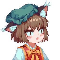 Rule 34 | 1girl, :3, animal ear fluff, animal ears, bow, bowtie, brown eyes, brown hair, cat ears, cat girl, chen, fang, green hat, hat, long sleeves, mob cap, open mouth, pixel art, red vest, shirt, shlim84049504, short hair, solo, touhou, transparent background, upper body, vest, white shirt, yellow bow, yellow bowtie