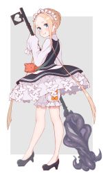 Rule 34 | 1girl, abigail williams (fate), apron, black skirt, blonde hair, blue eyes, bow, butterfly hair ornament, fate/grand order, fate (series), hair ornament, heroic spirit chaldea park outfit, high heels, highres, key, kopaka (karda nui), long hair, looking at viewer, maid, maid apron, maid headdress, orange bow, parted bangs, shoes, skirt, sleeves past fingers, sleeves past wrists, stuffed animal, stuffed toy, teddy bear, white bow