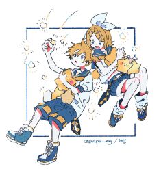 Rule 34 | 1boy, 1girl, blonde hair, blue eyes, bow, brother and sister, hair bow, hair ornament, hairclip, hazime, high tops, highres, holding, holding star, kagamine len, kagamine rin, leg warmers, neckerchief, shoes, short ponytail, short shorts, shorts, siblings, simple background, sneakers, star (symbol), twins, vocaloid, white background, white bow, yellow nails, yellow neckerchief