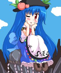 Rule 34 | 1girl, ;p, blue hair, blush, bow, chibi, cloud, female focus, food, fruit, geetsu, hands on own cheeks, hands on own face, hat, head rest, hinanawi tenshi, keystone, long hair, looking at viewer, oekaki, one eye closed, peach, red eyes, ribbon, rock, rope, shide, shimenawa, sitting, sitting on rock, sky, smile, solo, tongue, tongue out, touhou