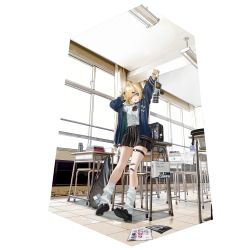 Rule 34 | 1girl, ahoge, arms up, bag, black skirt, blonde hair, blue eyes, book, camera, chair, classroom, collared shirt, desk, full body, game cg, girls&#039; frontline, girls&#039; frontline neural cloud, hair bobbles, hair ornament, hair over one eye, hairclip, hand to head, heterochromia, highres, holding, holding camera, loafers, long sleeves, looking at viewer, loose socks, mg36 (girls&#039; frontline), nail polish, official alternate costume, official art, open mouth, pleated skirt, red eyes, school bag, school chair, school desk, school uniform, shirt, shoes, short hair, skirt, smile, socks, solo, sweater, transparent background, white shirt, white socks, window