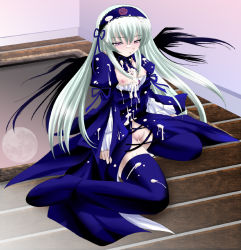 Rule 34 | 00s, 1girl, breasts, cum, cum on body, cum on breasts, cum on clothes, cum on upper body, facial, gothic lolita, hairband, lolita fashion, long hair, nipples, purple eyes, pussy, rozen maiden, small breasts, solo, suigintou, thighhighs, white hair, wings