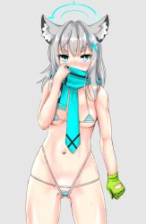 Rule 34 | 1girl, adjusting scarf, animal ear fluff, animal ears, bikini, blue archive, blue eyes, blue scarf, blush, breasts, cameltoe, cleavage, cleft of venus, commentary request, crokase, cross hair ornament, gloves, green gloves, grey background, grey hair, groin, hair between eyes, hair ornament, halo, highres, looking at viewer, medium breasts, medium hair, micro bikini, midriff, mismatched pupils, navel, necktie, plaid, plaid skirt, scarf, shiroko (blue archive), sidelocks, simple background, single glove, skirt, sleeveless, solo, stomach, sweat, swimsuit, two-tone gloves, wolf ears, wolf girl