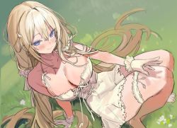 Rule 34 | 1girl, absurdres, bad id, bad twitter id, blonde hair, blue eyes, blush, breasts, cleavage, dress, freng, gloves, grass, hair between eyes, hair ornament, highres, korean commentary, large breasts, long hair, looking at viewer, low twintails, original, smile, solo, thighhighs, twintails, unfinished, very long hair, white dress, white gloves, wing hair ornament