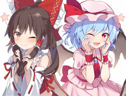 Rule 34 | 2girls, ascot, blue hair, blush, bow, brooch, brown eyes, brown hair, closed mouth, e.o., fang, hair between eyes, hair bow, hair tubes, hakurei reimu, hat, highres, japanese clothes, jewelry, medium hair, mob cap, multiple girls, nontraditional miko, one eye closed, open mouth, pink headwear, pink skirt, pink vest, puffy short sleeves, puffy sleeves, red ascot, red bow, red eyes, remilia scarlet, ribbon-trimmed sleeves, ribbon trim, short hair, short sleeves, sidelocks, simple background, skirt, smile, star (symbol), touhou, upper body, vest, white background, wide sleeves, wrist cuffs