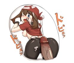 Rule 34 | 1girl, ass, bandana, bike shorts, blue eyes, brown hair, buttjob, buttjob over clothes, censored, creatures (company), cum, cum on ass, game freak, gloves, looking back, may (pokemon), mousepad, mousepad (object), nintendo, penis, pokemon, rubbing, simple background, solo