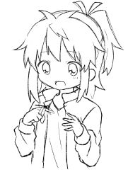 Rule 34 | 1girl, :d, animal, animal on hand, blush, bug, cropped torso, dragonfly, greyscale, hair ribbon, hands up, highres, insect, jacket, koshigaya natsumi, long hair, long sleeves, monochrome, non non biyori, open clothes, open jacket, open mouth, ponytail, ribbon, shika (s1ka), shirt, simple background, smile, solo, upper body, white background