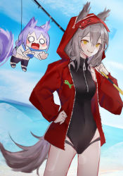 Rule 34 | 0 (znanimo), 2girls, :q, animal ears, arknights, beach, black shorts, black one-piece swimsuit, cowboy shot, fishing rod, grey hair, hair between eyes, hand on own hip, highres, holding, holding fishing rod, jacket, large tail, looking at viewer, medium hair, multiple girls, o o, ocean, official alternate costume, one-piece swimsuit, open mouth, orange background, outdoors, over shoulder, projekt red (arknights), projekt red (light breeze) (arknights), provence (arknights), provence (casual vacation) (arknights), purple hair, red jacket, shorts, swimsuit, tail, tearing up, thigh strap, tongue, tongue out, white jacket, wolf ears, wolf girl, wolf tail, yellow eyes