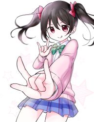 Rule 34 | 1girl, :p, artist name, artist request, black hair, blush, bow, bowtie, cardigan, double w, female focus, green bow, green bowtie, hair bow, highres, jy kjy0929, long sleeves, looking at viewer, love live!, love live! school idol project, miniskirt, otonokizaka school uniform, outline, outstretched arms, pink cardigan, pink shirt, red bow, red eyes, school uniform, shirt, skirt, smile, solo, striped bow, striped bowtie, striped clothes, tongue, tongue out, twintails, w, white background, yazawa nico