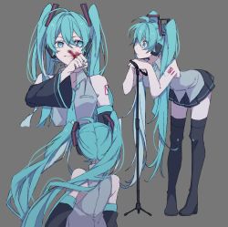 Rule 34 | 1girl, :&gt;, :|, arm at side, arms at sides, bare arms, bare shoulders, bent over, black skirt, black thighhighs, blood, blood on face, blue eyes, blue hair, breasts, clenched hand, closed mouth, collared shirt, cropped torso, detached sleeves, eiku, expressionless, eyes visible through hair, facing away, facing viewer, fingernails, floating hair, full body, grey background, grey shirt, hair between eyes, hand on own face, hand up, hatsune miku, head rest, headset, injury, leaning, leaning forward, legs apart, long hair, looking afar, microphone, microphone stand, multiple views, no nose, nosebleed, number tattoo, pleated skirt, shirt, shoulder tattoo, sidelocks, simple background, skirt, sleeveless, sleeveless shirt, small breasts, standing, tattoo, thighhighs, twintails, very long hair, vocaloid, wide-eyed, zettai ryouiki