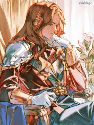 Rule 34 | 1boy, armor, brown hair, closed mouth, curtains, ferdinand von aegir, fire, fire emblem, fire emblem: three houses, flower, gloves, gold trim, hand on own face, highres, jacket, long hair, looking down, male focus, negi (fufufuyu), nintendo, parted bangs, red jacket, shoulder armor, sitting, solo, twitter username, upper body, wavy hair, white flower, white gloves