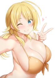 Rule 34 | 1girl, ;), absurdres, ahoge, aqua eyes, arm up, bikini, blonde hair, blush, breasts, cleavage, closed mouth, collarbone, front-tie bikini top, front-tie top, hachimiya meguru, heart, highres, idolmaster, idolmaster shiny colors, kibihimi, large breasts, long hair, looking at viewer, low twintails, one eye closed, orange bikini, orange ribbon, outstretched arm, ribbon, selfie, simple background, skindentation, smile, solo, strap gap, swept bangs, swimsuit, twintails, upper body, v, white background
