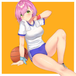 Rule 34 | 1girl, absurdres, ball, basketball, basketball (object), blue shorts, blush, breasts, commentary request, green eyes, highres, large breasts, looking at viewer, original, pink hair, shirt, short hair, short sleeves, shorts, simple background, sitting, solo, sportswear, white shirt, xubai