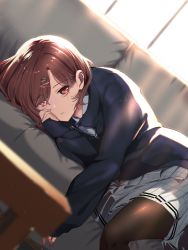 Rule 34 | 1girl, backlighting, black pantyhose, blue jacket, blue skirt, brown eyes, brown hair, collared shirt, commentary request, couch, grey skirt, hair behind ear, hair ornament, hairclip, higuchi madoka, idolmaster, idolmaster shiny colors, indoors, jacket, keyyan, looking at viewer, lying, mole, mole under eye, on side, pantyhose, parted lips, partially unzipped, shirt, short hair, skirt, sleeves past wrists, solo, window