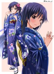 Rule 34 | 1girl, absurdres, artist name, blue kimono, border, brown eyes, closed mouth, commentary, eyelashes, floral print, flower, full body, hair flower, hair ornament, hand up, highres, idolmaster, idolmaster (classic), idolmaster million live!, japanese clothes, kimono, kisaragi chihaya, leaf, lips, long hair, long sleeves, looking at viewer, own hands clasped, own hands together, pink flower, purple hair, sandals, shadow, smile, solo, standing, takatsuki p, toeless legwear, two-tone background, white border, wide sleeves, ||/