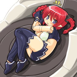 Rule 34 | 10s, 1girl, ass, bad id, bad pixiv id, blue eyes, blush, braid, busou shinki, butt crack, dd (ijigendd), doll joints, fang, joints, lying, red hair, solo, thighhighs, twin braids, twintails, vespelio
