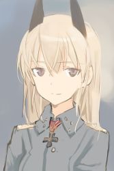 Rule 34 | 1girl, animal ears, blonde hair, commentary, eila ilmatar juutilainen, fox ears, light smile, long hair, lowres, military, military uniform, aged up, purple eyes, shimada fumikane, smile, solo, strike witches, uniform, upper body, world witches series