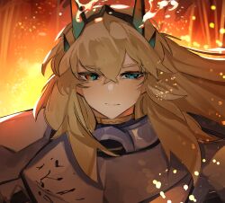 Rule 34 | 1girl, armor, barghest (fate), barghest (first ascension) (fate), blonde hair, blue eyes, blurry, blurry background, breastplate, closed mouth, crossed bangs, embers, expressionless, fate/grand order, fate (series), fire, hair between eyes, heterochromia, highres, horns, long hair, looking at viewer, obazzotto, orange eyes, outdoors, pauldrons, portrait, shoulder armor, solo