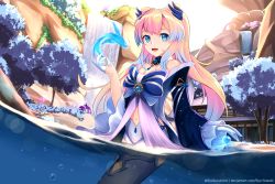 Rule 34 | 1girl, :d, absurdres, architecture, blue eyes, blunt bangs, bow, building, cliff, commentary request, detached sleeves, east asian architecture, fish, genshin impact, gloves, gradient hair, hair ornament, half gloves, highres, in water, long hair, long sleeves, looking at viewer, low twintails, midriff, multicolored hair, navel, open mouth, pink hair, ryo-suzuki, sangonomiya kokomi, short shorts, shorts, sidelocks, smile, thick eyebrows, thighhighs, twintails, vision (genshin impact), water, waterfall, white gloves, white shorts, white thighhighs, wide sleeves, zettai ryouiki