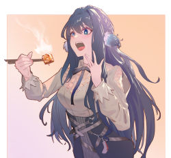 Rule 34 | + +, 1girl, arknights, astesia (arknights), black skirt, blue eyes, blue hair, blue ribbon, blush, braid, breasts, chinese commentary, chopsticks, commentary request, cowboy shot, food, gradient background, grey shirt, hair between eyes, highres, holding, holding chopsticks, jane xiao, long hair, long sleeves, medium breasts, neck ribbon, open mouth, orange background, purple background, ribbon, shirt, skirt, solo, steam, very long hair