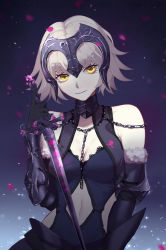 Rule 34 | 1girl, armor, armored dress, bad id, bad pixiv id, bare shoulders, breasts, chain, clothing cutout, fate/grand order, fate (series), fur trim, gauntlets, grey hair, headpiece, holding, holding sword, holding weapon, jeanne d&#039;arc (fate), jeanne d&#039;arc alter (avenger) (fate), jeanne d&#039;arc alter (avenger) (third ascension) (fate), jeanne d&#039;arc alter (fate), looking at viewer, medium breasts, navel, navel cutout, short hair, smile, solo, sword, weapon, xueding, yellow eyes