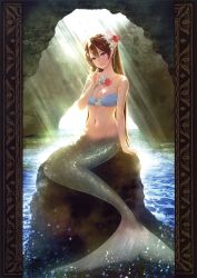 Rule 34 | 1girl, absurdres, bare arms, bare shoulders, bikini, blue bikini, breasts, brown hair, cave, cleavage, closed mouth, hair ornament, hand up, head tilt, highres, jewelry, koizumi amane, light rays, lips, long hair, looking at viewer, mermaid, monster girl, navel, necklace, original, pink lips, purple eyes, rock, smile, solo, starfish, swimsuit, water