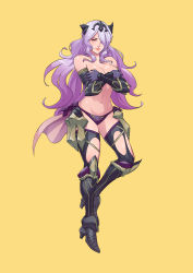 Rule 34 | 1girl, absurdres, annoyed, armor, breasts, broken armor, camilla (fire emblem), cirenk, cleavage, commission, covering privates, covering breasts, elbow gloves, fire emblem, fire emblem fates, full body, gloves, greaves, hair over one eye, high heels, highres, large breasts, long hair, looking at viewer, navel, nintendo, panties, purple gloves, purple hair, solo, stomach, tiara, topless, torn clothes, torn legwear, underwear, very long hair, wavy hair, yellow background