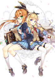 Rule 34 | 10s, 2girls, :o, adjusting eyewear, bag, bag charm, belt, black ribbon, blazer, blonde hair, book, breasts, brown footwear, brown hair, cagliostro (granblue fantasy), cagliostro (youthful uniform) (granblue fantasy), charm (object), clarisse (granblue fantasy), closed mouth, dress, eyelashes, flat chest, floating hair, frilled sleeves, frills, full body, gem, glasses, granblue fantasy, green eyes, hair ornament, hair ribbon, hairband, hairclip, heart, hong (white spider), invisible chair, jacket, kneehighs, lace, lace-trimmed dress, lace trim, large breasts, liquid, long hair, long sleeves, looking at viewer, microdress, multiple girls, open book, open clothes, open jacket, patterned background, plaid, plaid dress, ponytail, purple eyes, red-framed eyewear, ribbon, school uniform, shoes, side-by-side, sidelocks, sitting, smile, socks, star (symbol), striped, sweater vest, swept bangs, test tube, thighhighs, very long hair, white background, wide sleeves
