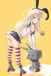 Rule 34 | 1girl, arthur ko, ass, bent over, black neckerchief, black panties, blonde hair, blue skirt, butt crack, closed mouth, crop top, elbow gloves, full body, gloves, hair between eyes, highleg, highleg panties, highres, kantai collection, long hair, looking at viewer, looking back, miniskirt, neckerchief, panties, panty straps, pleated skirt, rensouhou-chan, revision, rudder footwear, school uniform, serafuku, shimakaze (kancolle), skirt, sleeveless, smile, solo, sparkle, striped clothes, striped thighhighs, thighhighs, twitter username, underwear, white gloves, yellow eyes