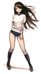Rule 34 | 1girl, agnes oblige, bravely default: flying fairy, bravely default (series), brown eyes, brown hair, buruma, coffee-kizoku, full body, head tilt, holding another&#039;s arm, holding own arm, long hair, looking at viewer, shirt, short sleeves, simple background, solo, sportswear, standing, white background, white shirt