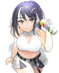 Rule 34 | 1girl, belt, black belt, breasts, can, cleavage, cleavage cutout, clothing cutout, crop top, earrings, from above, grey hair, grey skirt, hair behind ear, halterneck, holding, holding can, indie virtual youtuber, jewelry, large breasts, looking at viewer, midriff, navel, orange eyes, shirasu (mashiro (rikuya)), skirt, smile, solo, strong zero, tsuduya (knt31), virtual youtuber, white background