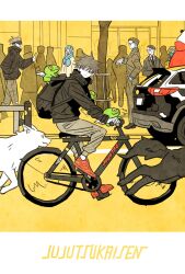 Rule 34 | 1girl, 5boys, bag, bicycle, black blindfold, black hair, black hoodie, black necktie, blindfold, blue hair, blue scarf, car, commentary request, copyright name, formal, frog, fushiguro megumi, gama (jujutsu kaisen), glasses, gojou satoru, gyokuken, hand in pocket, highres, hood, hoodie, ijichi kiyotaka, inumaki toge, jujutsu kaisen, looking to the side, miwa kasumi, motor vehicle, multiple boys, nanami kento, necktie, nike (company), panda (jujutsu kaisen), profile, riding, riding bicycle, scarf, shoulder bag, smile, spiked hair, suit, takeuchi ryousuke, white wings, wings, wolf