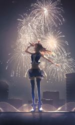 Rule 34 | 1girl, absurdres, backlighting, blue skirt, blue thighhighs, blue vest, brown hair, building, city, cityscape, closed eyes, cropped shirt, fireworks, full body, glass, hair ornament, hand up, highres, holding, holding microphone, hologram, hololive, kuroi enpitsu, lens flare, long hair, microphone, music, navel, night, open mouth, outdoors, outstretched arm, reflection, rooftop, shirt, singing, skirt, sleeveless, sleeveless shirt, solo, thighhighs, tokino sora, tokino sora (1st costume), vest, virtual youtuber, wrist cuffs