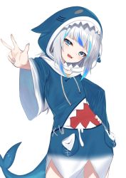 Rule 34 | 1girl, :d, absurdres, animal hood, blue eyes, blue hair, blue hoodie, blue nails, blush, commentary, drawstring, english commentary, fins, fish tail, gawr gura, gawr gura (1st costume), hand on own hip, highres, hololive, hololive english, hood, hood up, hoodie, kuki panda (wkdwnsgk13), long sleeves, looking at viewer, multicolored hair, nail polish, open mouth, outstretched arm, shark hood, shark tail, sharp teeth, silver hair, simple background, smile, solo, streaked hair, tail, teeth, virtual youtuber, w, white background, wide sleeves