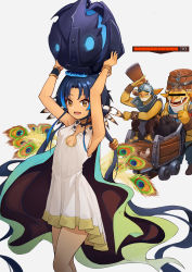 Rule 34 | 1girl, :d, absurdres, arknights, armpits, arms up, bangle, bare arms, bare shoulders, blue hair, bomb, bracelet, breasts, brown eyes, commentary, conviction (arknights), dota (series), dota 2, dress, explosive, fang, feather hair, feet out of frame, grey background, health bar, highres, holding, iku! iku!!, jewelry, long hair, looking at viewer, open mouth, peacock feathers, pleated dress, short dress, simple background, small breasts, smile, standing, techies, thighs, thumbs up, very long hair, white dress