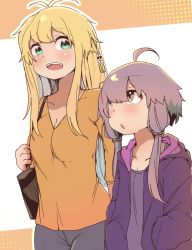 2girls antenna_hair aqua_eyes blonde_hair blush breasts casual cleavage commentary hair_ornament height_difference highres hood hood_down hoodie long_hair looking_at_another medium_breasts multiple_girls open_mouth purple_eyes purple_hair shirt short_hair_with_long_locks sidelocks siwasunohige tsurumaki_maki voiceroid yellow_shirt yuzuki_yukari