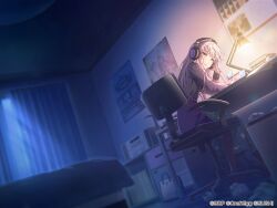 Rule 34 | 1girl, artist request, bang dream!, black pantyhose, desk, desk lamp, from side, grey hair, headphones, indoors, lamp, listening to music, long hair, long sleeves, looking at viewer, minato yukina, night, official art, orange eyes, pantyhose, parted lips, sitting, studying, wireless, writing