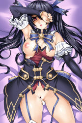 Rule 34 | 10s, 1girl, after rape, aftersex, bad id, bad pixiv id, black hair, breasts, censored, cleavage, cum, cum in pussy, cumdrip, empty eyes, garter straps, kamia (not found), large breasts, long hair, looking at viewer, lying, neptune (series), nipples, noire (neptunia), on back, open mouth, pink eyes, pussy, red eyes, solo, thighhighs, torn clothes, twintails, very, very long hair