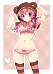 Rule 34 | 1girl, animal ears, armpits, arms up, bear ears, belly, blush, bra, breasts, frilled panties, frills, halftone, halftone background, hood, looking at viewer, navel, original, panties, pink hair, shiny skin, short hair, skindentation, smile, solo, striped clothes, striped thighhighs, thighhighs, tottoto tomekichi, underwear, underwear only